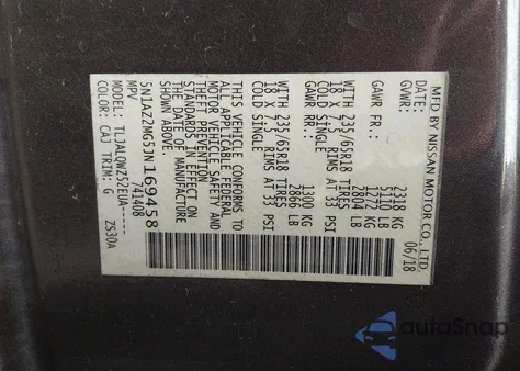 2018 Nissan Murano Sv из США, поврежденный, VIN 5N1AZ2MG5JN169458